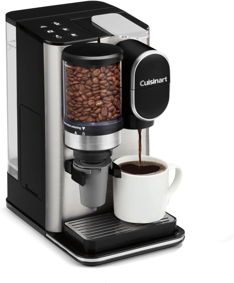 Cuisinart Single-Serve Coffee Maker + Coffee Grinder with 8, 10, and 12 oz. Serving Size, Compatible with Single-Cup Pods, 48-Ounce Removable Reservoir, Stainless Steel, DGB-2SS