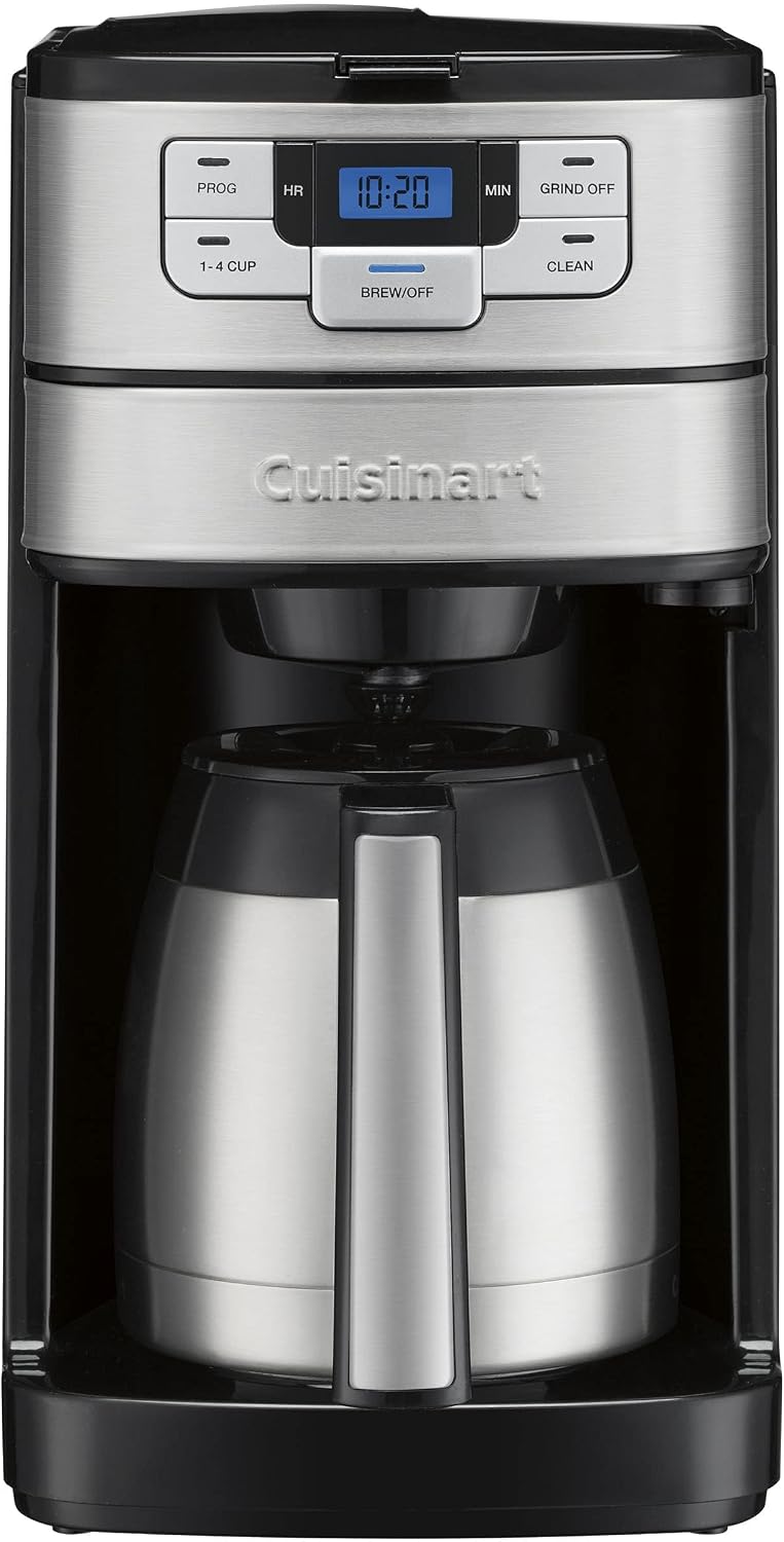 Cuisinart Automatic Grind & Brew 10-Cup Coffee Maker with Blade Grinder, Programmable Coffee Machine Glass Carafe with 1-4 Cup Setting, Brew Pause, Grind-Off Option, DGB-450NAS, Black/Stainless Steel